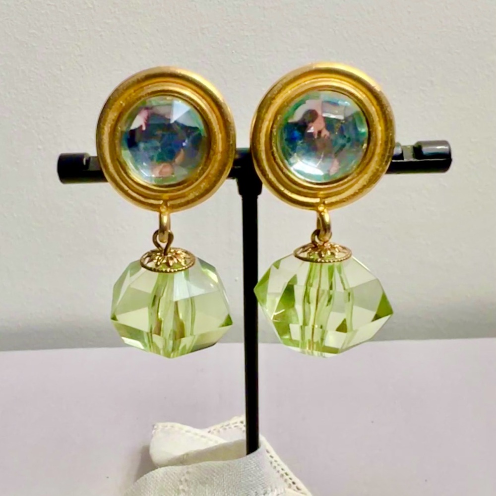 80s Statement Earrings Gold Tone, Green Lucite Dangles Vintage Clip On Glam
